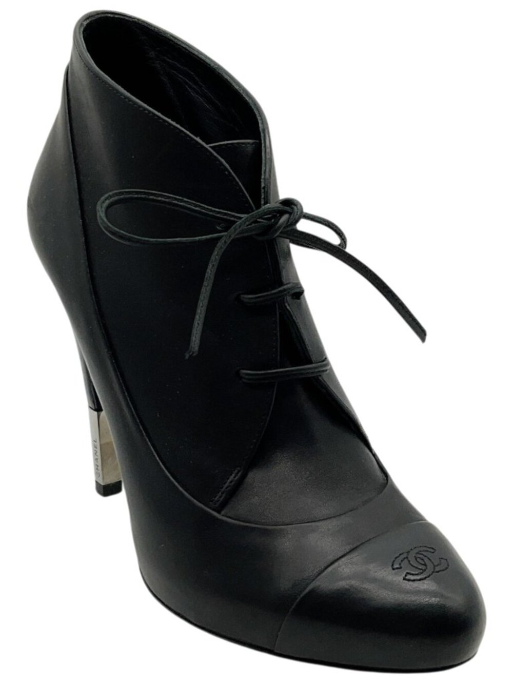 Chanel Black Leather Lace Up Ankle Boots with Silver Heel Detail